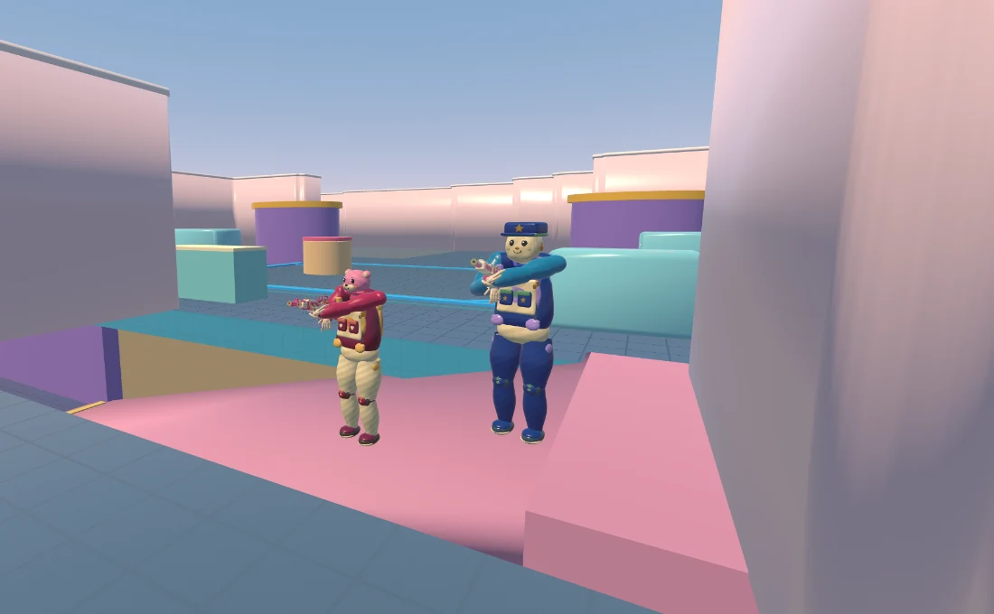 Różowa i niebieska postać z FRAGLESS na mapie Candy Arena